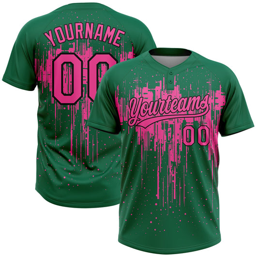 Maxcorners Custom Kelly Green Pink-Black Dripping Splatter Paint Two-Button Unisex Softball Jersey LM2605