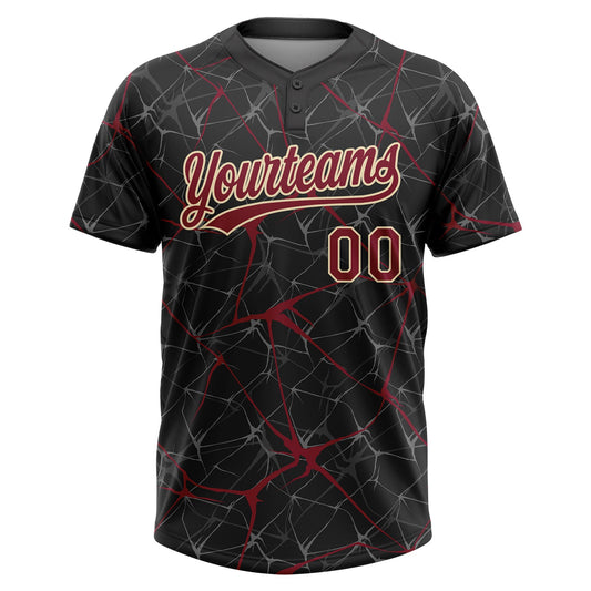 Maxcorners Custom Black Crimson-Cream Abstract Network Two-Button Unisex Softball Jersey LM2605