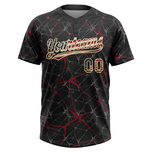 Maxcorners Custom Black Vintage USA Flag Crimson-Cream Abstract Network Two-Button Unisex Softball Jersey LM2605