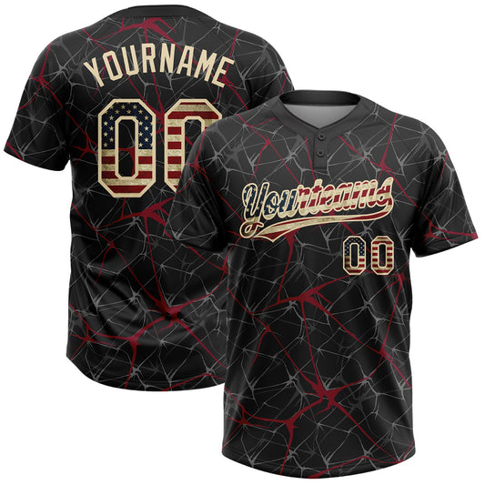 Maxcorners Custom Black Vintage USA Flag Crimson-Cream Abstract Network Two-Button Unisex Softball Jersey LM2605