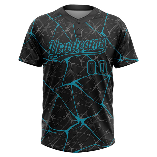 Maxcorners Custom Black Teal Abstract Network Two-Button Unisex Softball Jersey LM2605