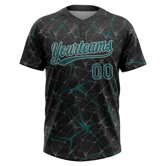 Maxcorners Custom Black Midnight Green-Gray Abstract Network Two-Button Unisex Softball Jersey LM2605