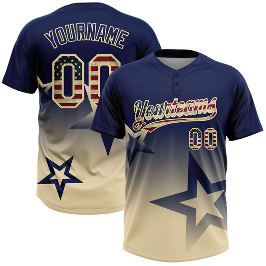 Maxcorners Custom Navy Vintage USA Flag-Cream Gradient Style Twinkle Star Two-Button Unisex Softball Jersey LM2605