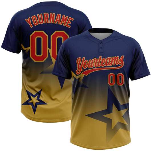 Maxcorners Custom Navy Red-Old Gold Gradient Style Twinkle Star Two-Button Unisex Softball Jersey LM2605