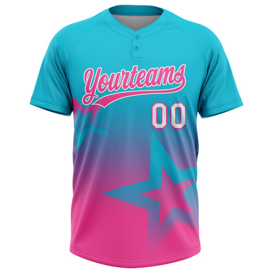 Maxcorners Custom Lakes Blue Pink-White Gradient Style Twinkle Star Two-Button Unisex Softball Jersey LM2605