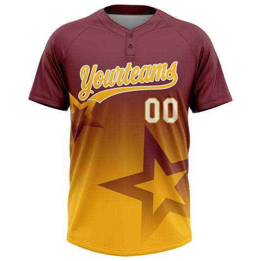 Maxcorners Custom Burgundy Gold-White Gradient Style Twinkle Star Two-Button Unisex Softball Jersey LM2605