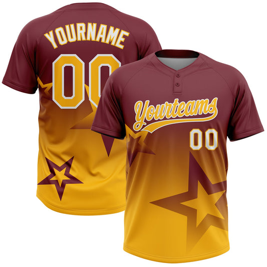 Maxcorners Custom Burgundy Gold-White Gradient Style Twinkle Star Two-Button Unisex Softball Jersey LM2605