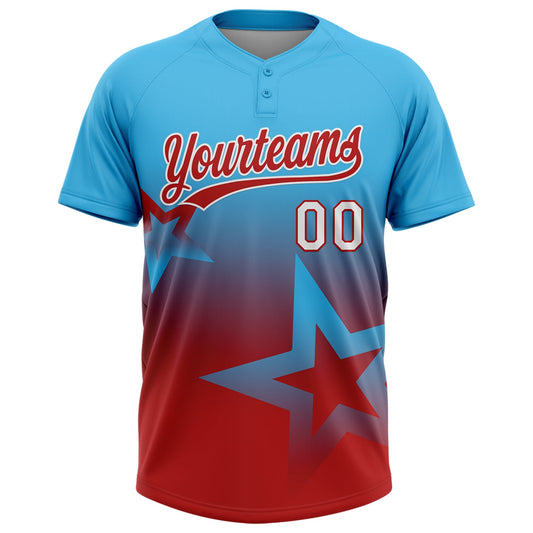 Maxcorners Custom Sky Blue Red-White Gradient Style Twinkle Star Two-Button Unisex Softball Jersey LM2605