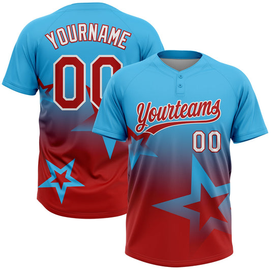 Maxcorners Custom Sky Blue Red-White Gradient Style Twinkle Star Two-Button Unisex Softball Jersey LM2605