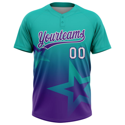 Maxcorners Custom Aqua Purple-White Gradient Style Twinkle Star Two-Button Unisex Softball Jersey LM2605