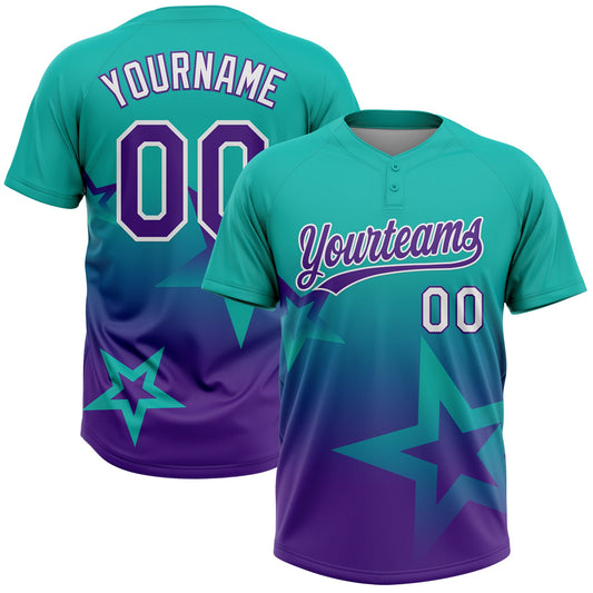 Maxcorners Custom Aqua Purple-White Gradient Style Twinkle Star Two-Button Unisex Softball Jersey LM2605