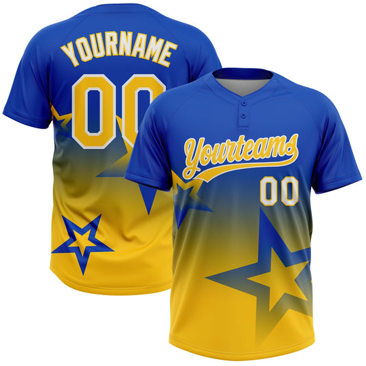 Maxcorners Custom Thunder Blue Yellow-White Gradient Style Twinkle Star Two-Button Unisex Softball Jersey LM2605