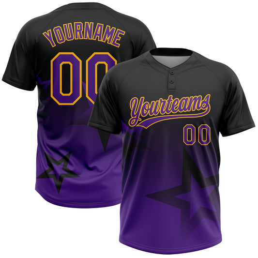 Maxcorners Custom Black Purple-Gold Gradient Style Twinkle Star Two-Button Unisex Softball Jersey LM2605