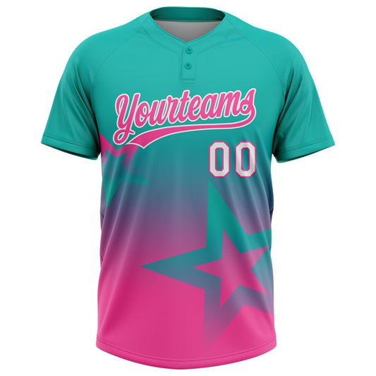Maxcorners Custom Aqua Pink-White Gradient Style Twinkle Star Two-Button Unisex Softball Jersey LM2605