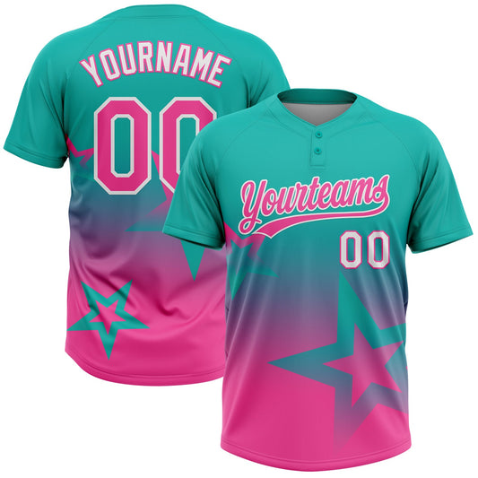 Maxcorners Custom Aqua Pink-White Gradient Style Twinkle Star Two-Button Unisex Softball Jersey LM2605