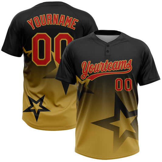 Maxcorners Custom Black Red-Old Gold Gradient Style Twinkle Star Two-Button Unisex Softball Jersey LM2605