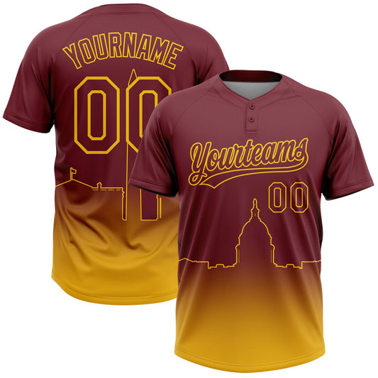 Maxcorners Custom Burgundy Yellow Washington City Edition Gradient Two-Button Unisex Softball Jersey LM2605