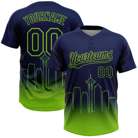 Maxcorners Custom Navy Neon Green Seattle City Edition Gradient Two-Button Unisex Softball Jersey LM2605