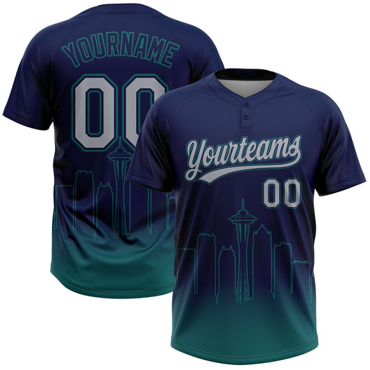 Maxcorners Custom Navy Gray-Teal Seattle City Edition Gradient Two-Button Unisex Softball Jersey LM2605