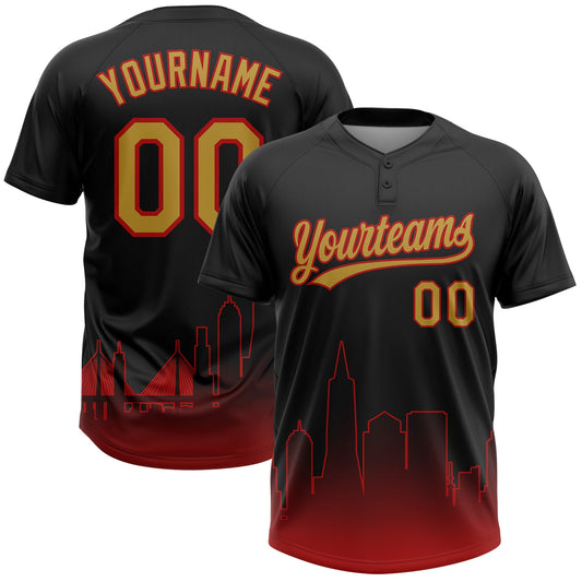 Maxcorners Custom Black Old Gold-Red San Francisco City Edition Gradient Two-Button Unisex Softball Jersey LM2605