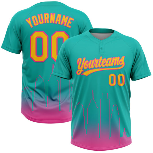 Maxcorners Custom Aqua Yellow-Pink San Diego City Edition Gradient Two-Button Unisex Softball Jersey LM2605