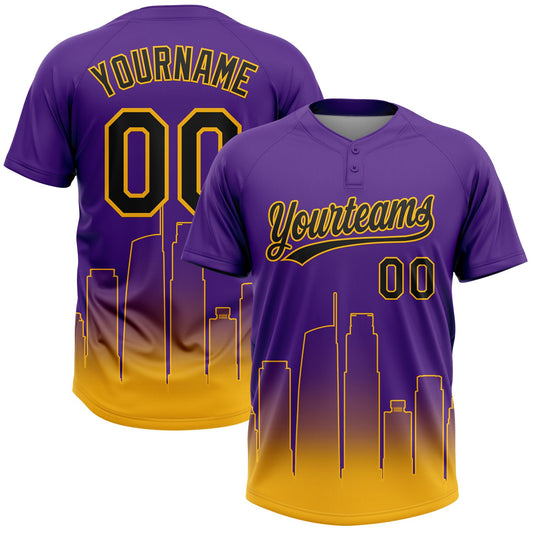 Maxcorners Custom Purple Black-Gold Los Angeles City Edition Gradient Two-Button Unisex Softball Jersey LM2605