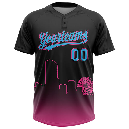 Maxcorners Custom Black Sky Blue-Pink Miami City Edition Gradient Two-Button Unisex Softball Jersey LM2605