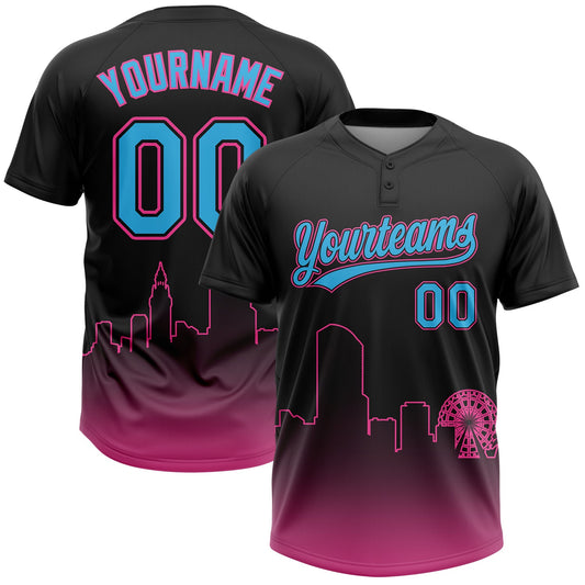 Maxcorners Custom Black Sky Blue-Pink Miami City Edition Gradient Two-Button Unisex Softball Jersey LM2605