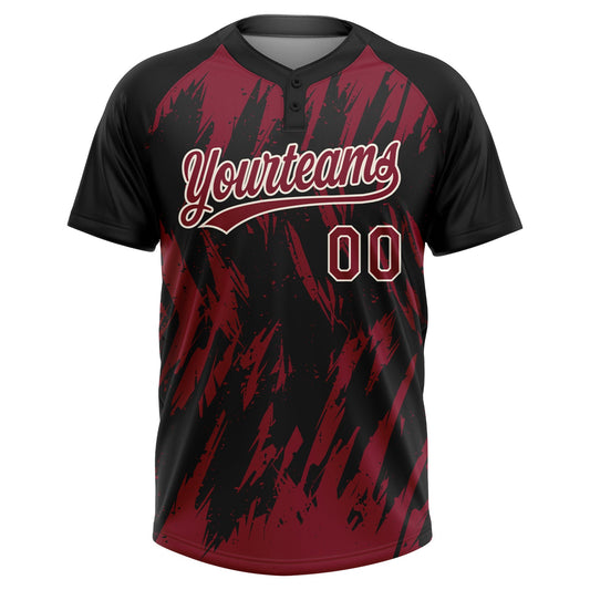 Maxcorners Custom Black Crimson-Cream Splatter Torn Sharp Brush Stroke Two-Button Unisex Softball Jersey LM2605