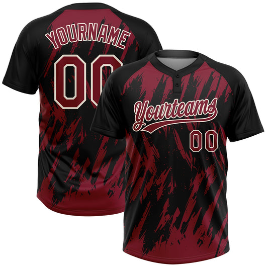 Maxcorners Custom Black Crimson-Cream Splatter Torn Sharp Brush Stroke Two-Button Unisex Softball Jersey LM2605