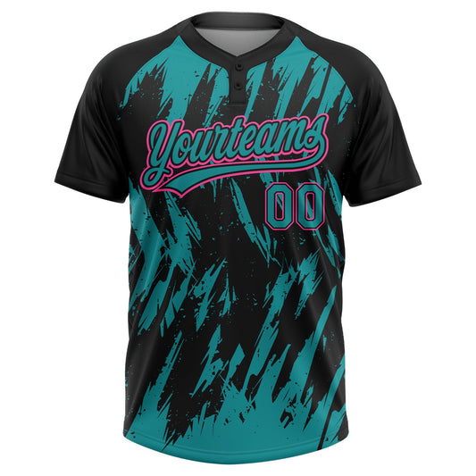 Maxcorners Custom Black Teal-Pink Splatter Torn Sharp Brush Stroke Two-Button Unisex Softball Jersey LM2605