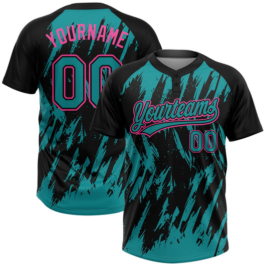 Maxcorners Custom Black Teal-Pink Splatter Torn Sharp Brush Stroke Two-Button Unisex Softball Jersey LM2605