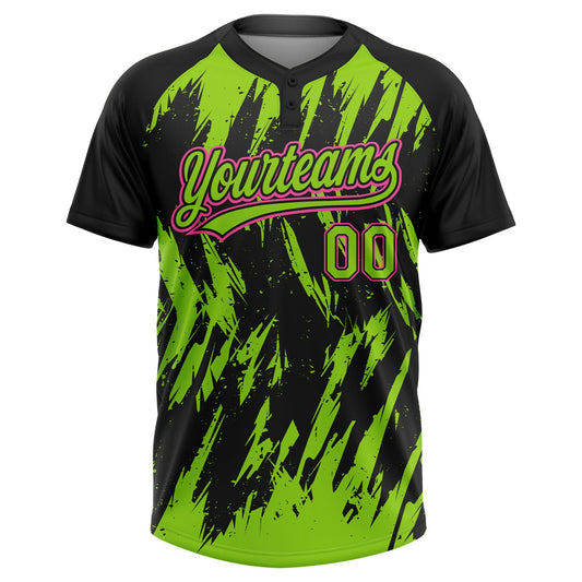 Maxcorners Custom Black Neon Green-Pink Splatter Torn Sharp Brush Stroke Two-Button Unisex Softball Jersey LM2605