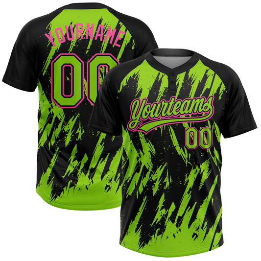 Maxcorners Custom Black Neon Green-Pink Splatter Torn Sharp Brush Stroke Two-Button Unisex Softball Jersey LM2605