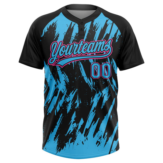 Maxcorners Custom Black Sky Blue-Pink Splatter Torn Sharp Brush Stroke Two-Button Unisex Softball Jersey LM2605