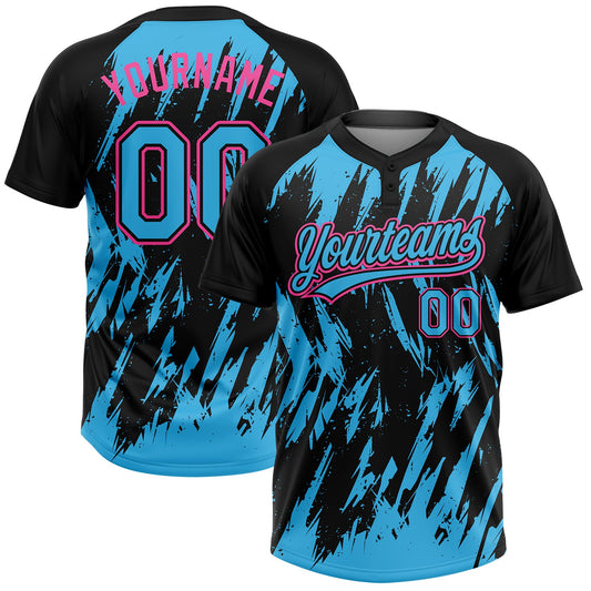 Maxcorners Custom Black Sky Blue-Pink Splatter Torn Sharp Brush Stroke Two-Button Unisex Softball Jersey LM2605