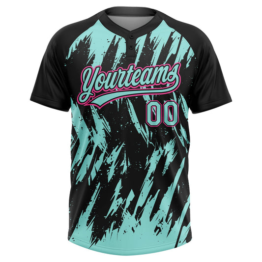 Maxcorners Custom Black Ice Blue-Pink Splatter Torn Sharp Brush Stroke Two-Button Unisex Softball Jersey LM2605