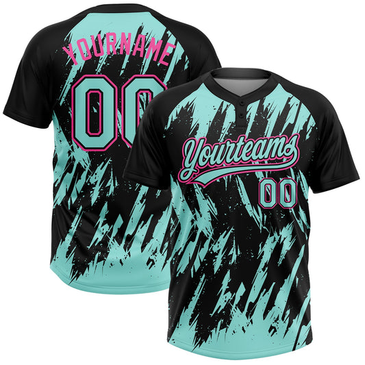 Maxcorners Custom Black Ice Blue-Pink Splatter Torn Sharp Brush Stroke Two-Button Unisex Softball Jersey LM2605