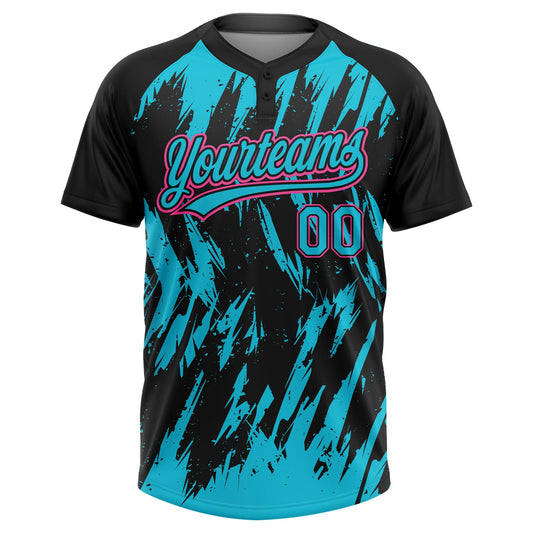 Maxcorners Custom Black Lakes Blue-Pink Splatter Torn Sharp Brush Stroke Two-Button Unisex Softball Jersey LM2605