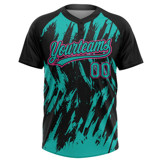 Maxcorners Custom Black Aqua-Pink Splatter Torn Sharp Brush Stroke Two-Button Unisex Softball Jersey LM2605