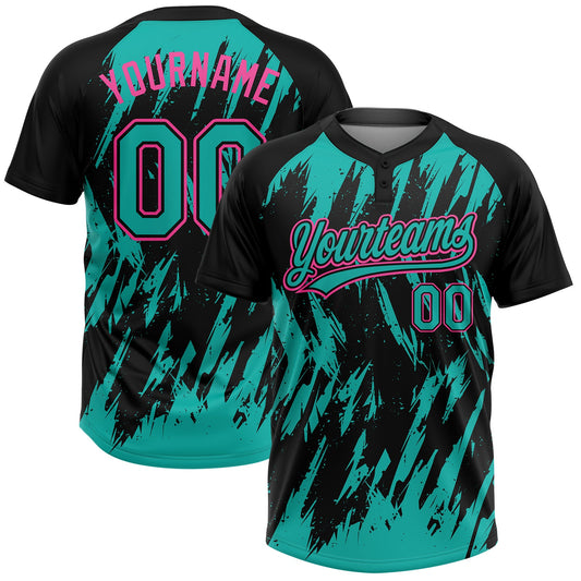 Maxcorners Custom Black Aqua-Pink Splatter Torn Sharp Brush Stroke Two-Button Unisex Softball Jersey LM2605
