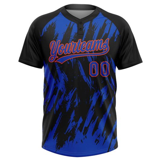 Maxcorners Custom Black Thunder Blue-Orange Splatter Torn Sharp Brush Stroke Two-Button Unisex Softball Jersey LM2605