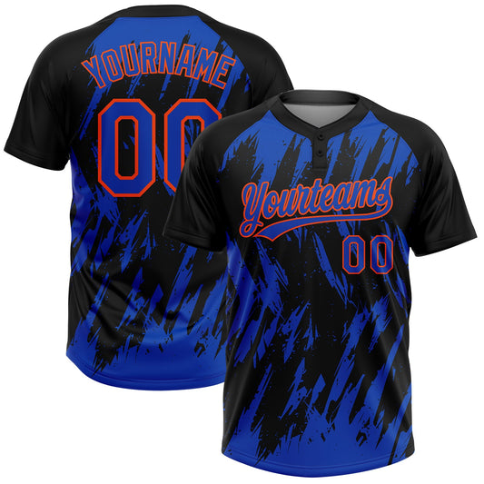 Maxcorners Custom Black Thunder Blue-Orange Splatter Torn Sharp Brush Stroke Two-Button Unisex Softball Jersey LM2605