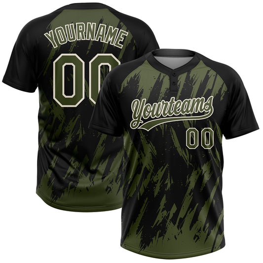 Maxcorners Custom Black Olive-Cream Splatter Torn Sharp Brush Stroke Two-Button Unisex Softball Jersey LM2605