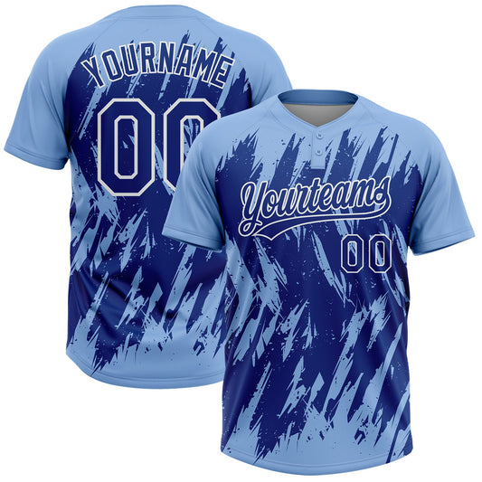 Maxcorners Custom Light Blue Royal-White Splatter Torn Sharp Brush Stroke Two-Button Unisex Softball Jersey LM2605