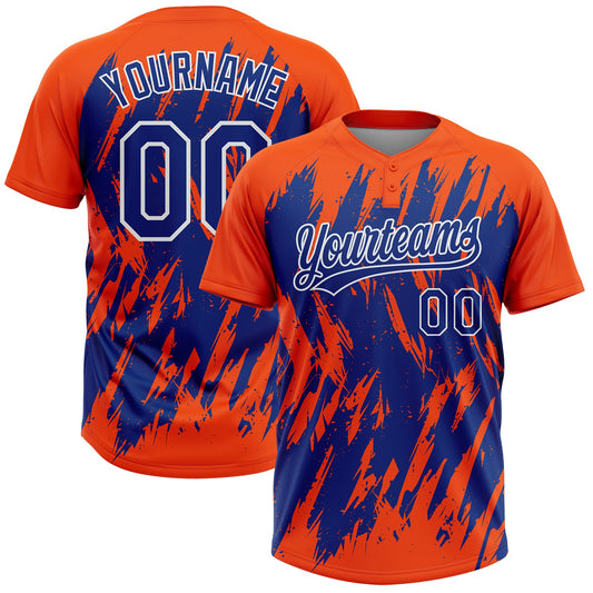 Maxcorners Custom Orange Royal-White Splatter Torn Sharp Brush Stroke Two-Button Unisex Softball Jersey LM2605