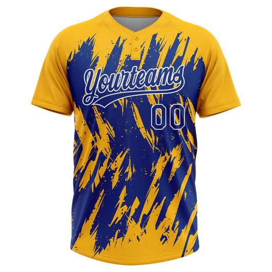 Maxcorners Custom Gold Royal-White Splatter Torn Sharp Brush Stroke Two-Button Unisex Softball Jersey LM2605