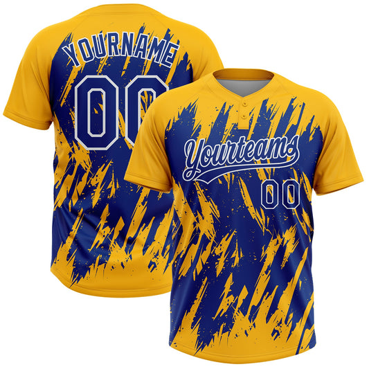 Maxcorners Custom Gold Royal-White Splatter Torn Sharp Brush Stroke Two-Button Unisex Softball Jersey LM2605