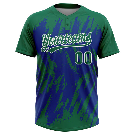 Maxcorners Custom Kelly Green Royal-White Splatter Torn Sharp Brush Stroke Two-Button Unisex Softball Jersey LM2605