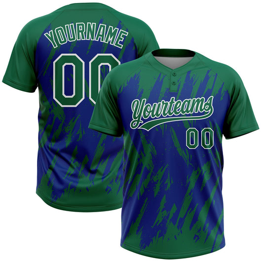 Maxcorners Custom Kelly Green Royal-White Splatter Torn Sharp Brush Stroke Two-Button Unisex Softball Jersey LM2605
